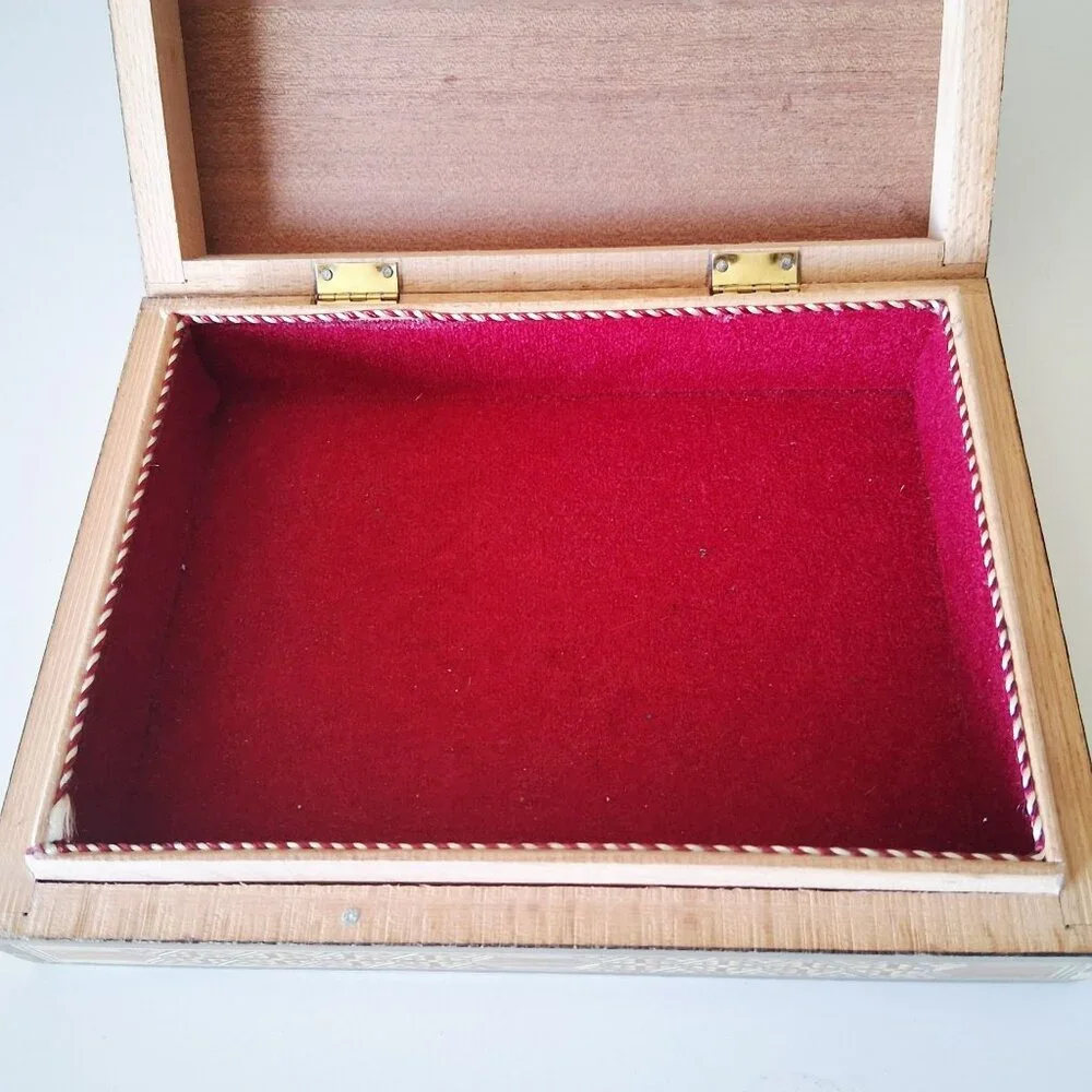 Vintage Handcrafted Wooden Inlaid Jewelry Box Mosaic Design Red Velvet Interior